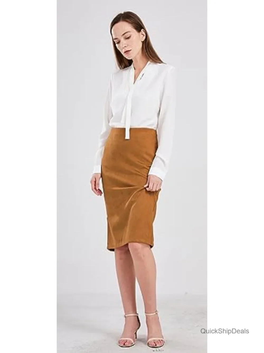 Women's Faux Suede High Waist Midi Pencil Skirt with Back Slit